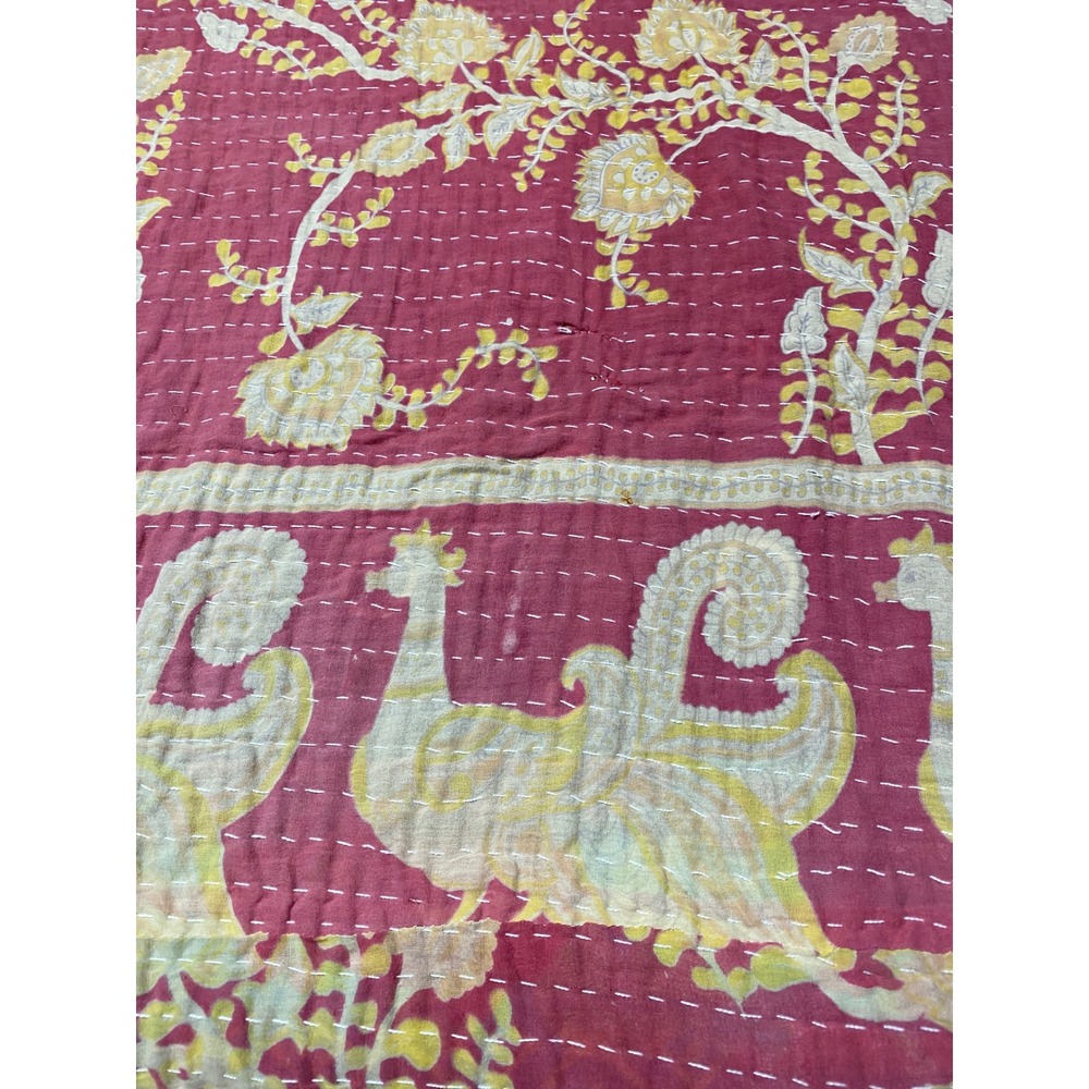 Handstitched Kantha Quilt Reversible Cotton Throw Peacock Paisley Burgundy Red